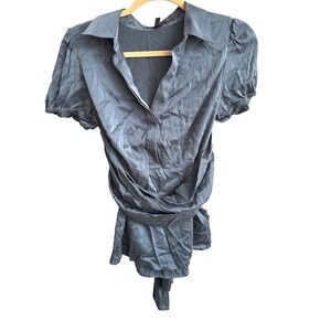 BCBGMAXAZRIA Silk Stretch Slate Blue Puff Sleeve Wrap‎ Top Medium
